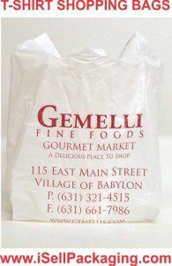 Custom printed t-shirt grocery bags and plastic shopping bags for Gemelli