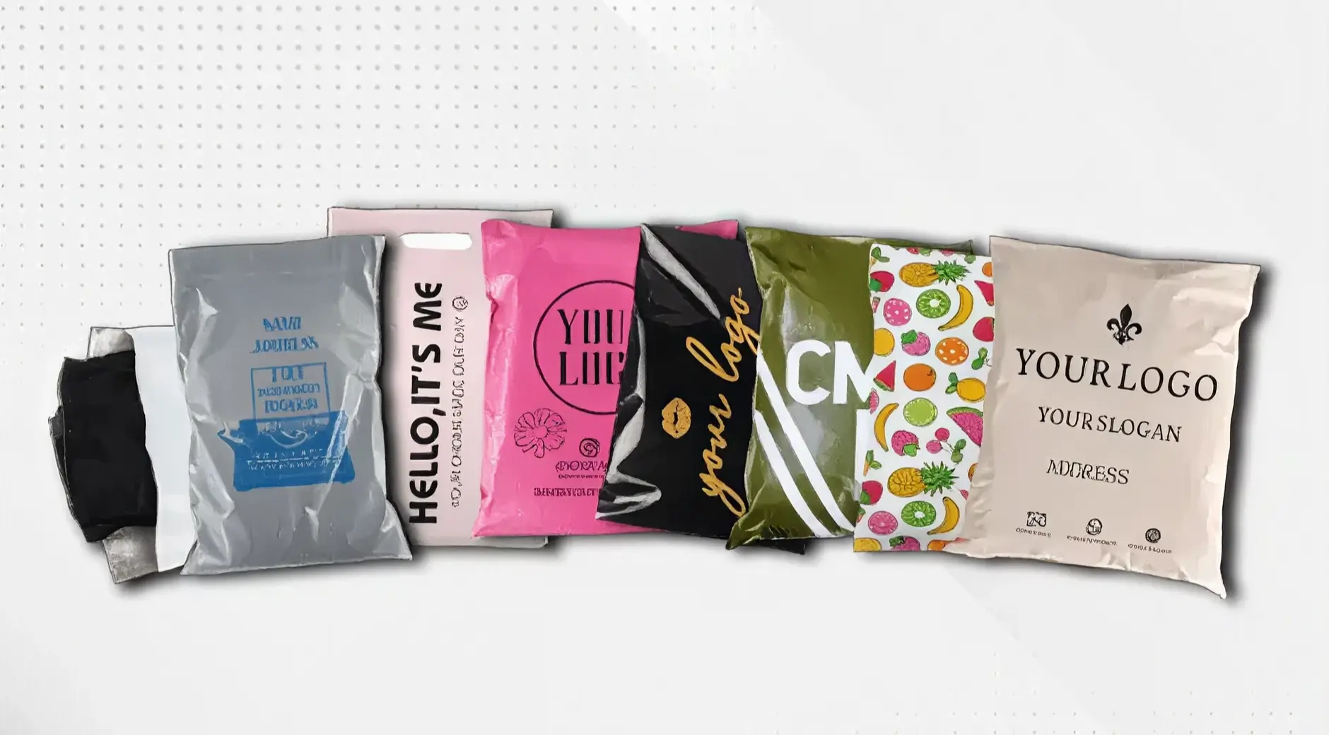 Array of custom-printed poly mailers in multiple colors and designs fanned out displaying branding variety for ecommerce shipping.