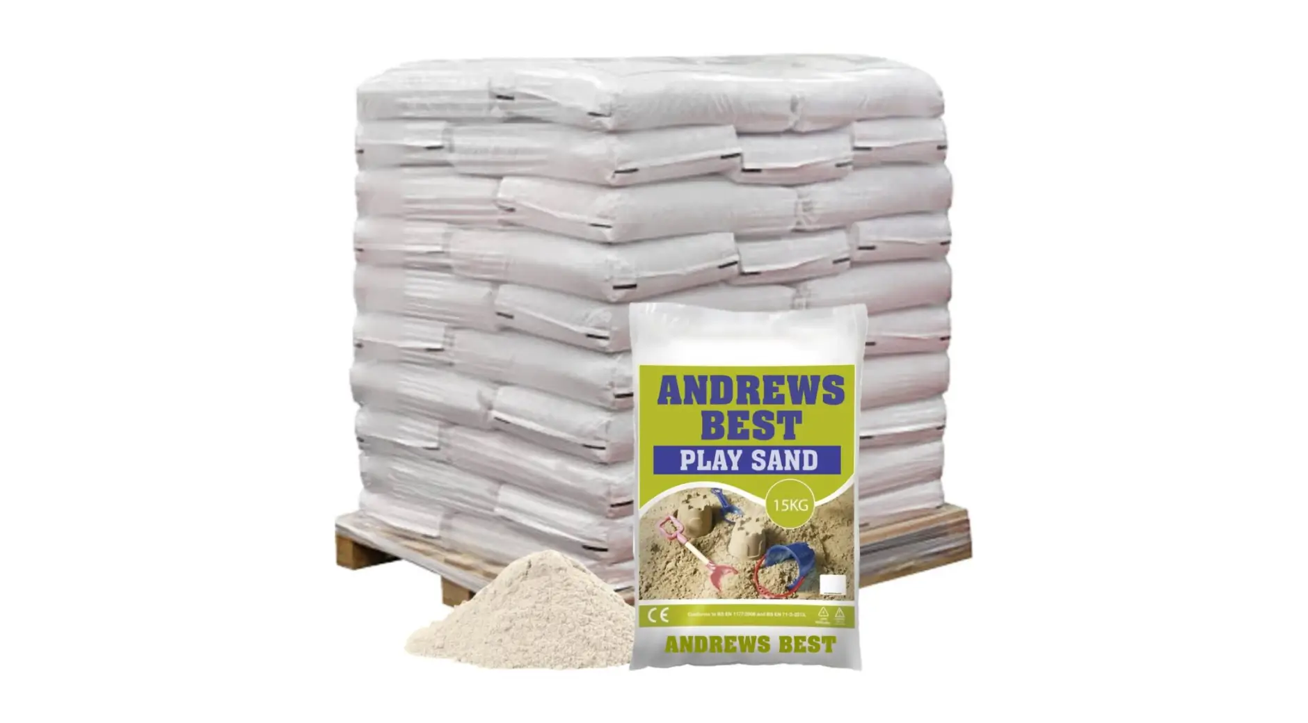 Stacked white sandbags on wooden pallet with single ANDREWS BEST PLAY SAND 15KG bag displayed in front showing product label and loose sand sample.