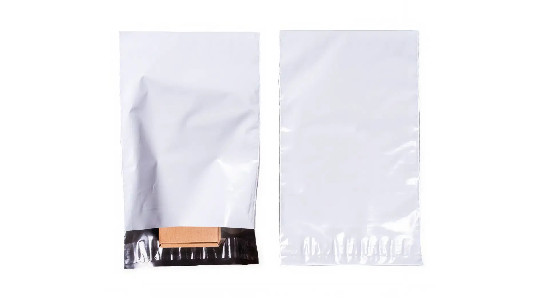 Front and back view of white poly mailer bags showing self-sealing adhesive strip and kraft paper reinforcement patch.