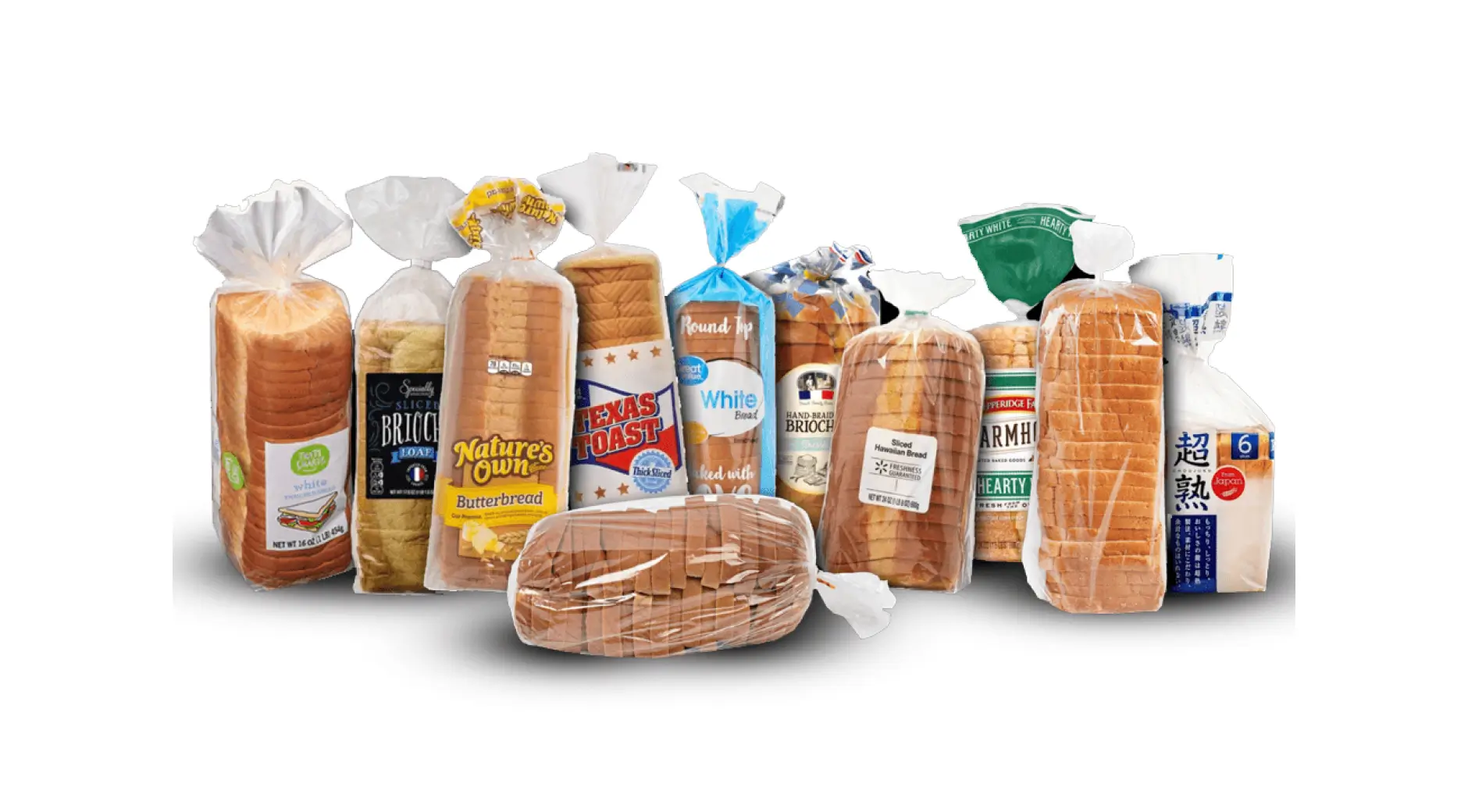 Assorted sliced bread loaves in clear plastic bags showing different commercial bakery brands and closure styles including wicket closures.