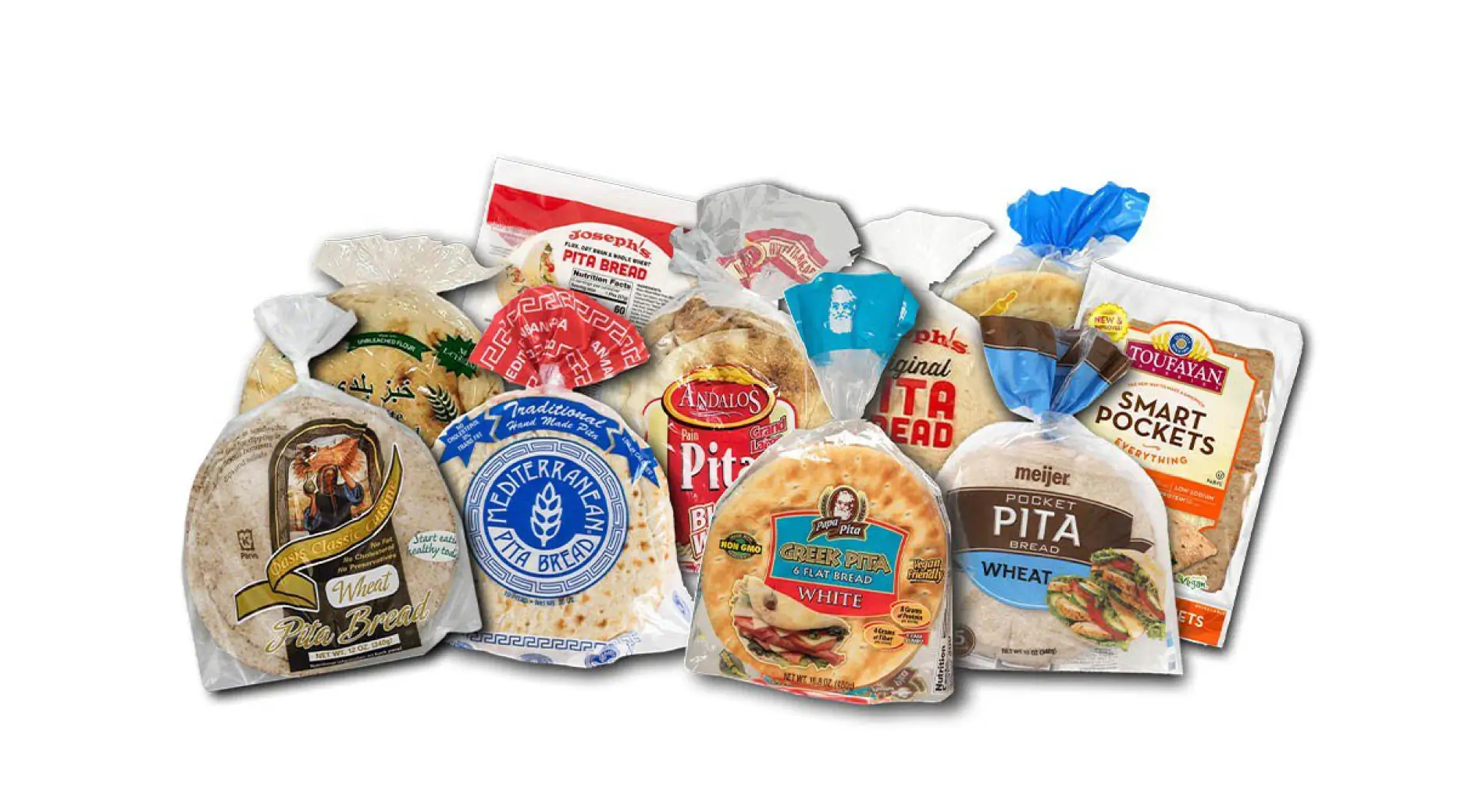 Collection of various pita breads and flatbreads packaged in clear plastic bags with colored closures and brand labels.
