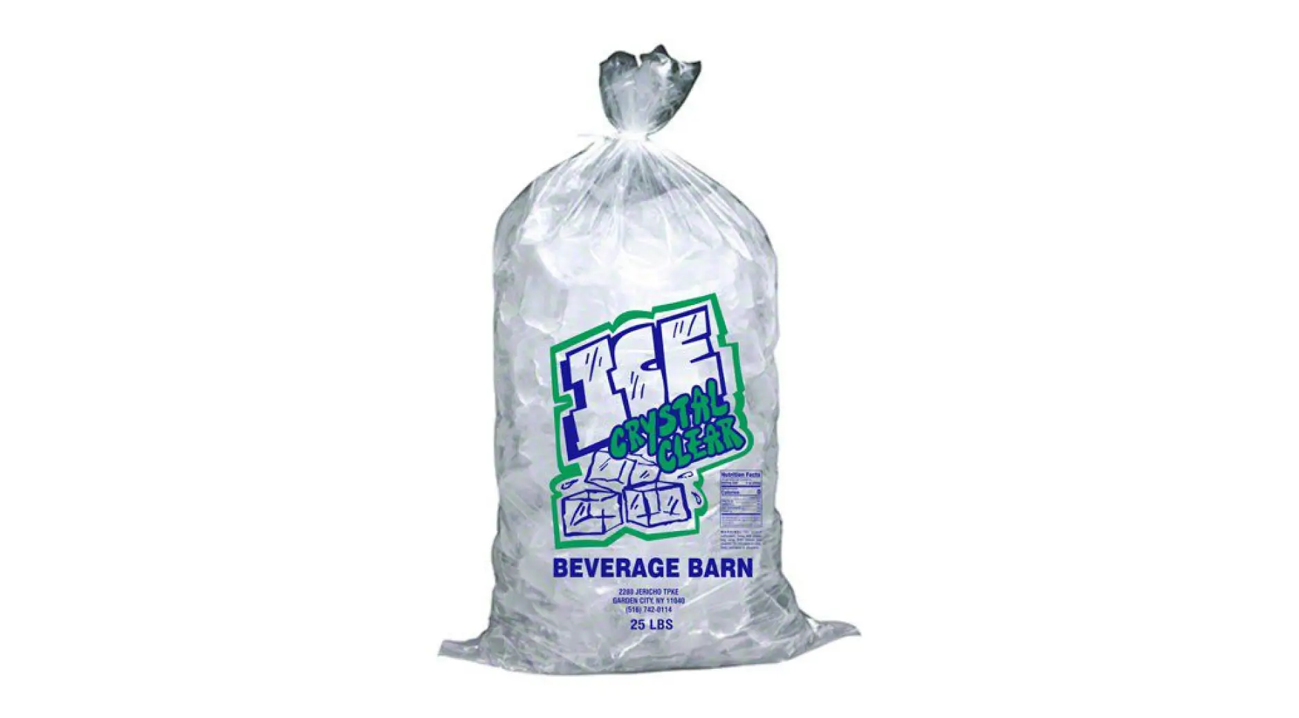 Clear plastic ice bag labeled BEVERAGE BARN 25 LBS with twist-tie closure on white background.