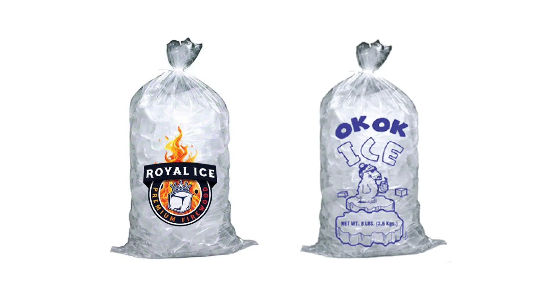 Two branded ice bags side-by-side: ROYAL ICE with flame logo and OKOK ICE with polar bear mascot design, both clear plastic with custom printing.