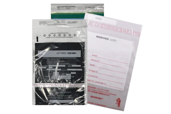 Tamper-evident cash deposit bags with barcode and bank deposit form fields.