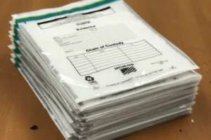 Stack of Secur-Pak tamper-evident chain of custody evidence bags on a table.